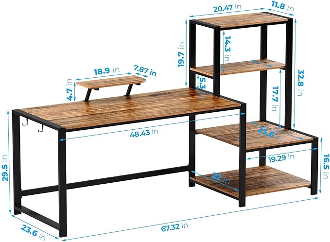 GreenForest Computer Desk 67 inch with Storage Printer Shelf Reversible Home Office Desk Large Study Writing Table with Movable Monitor Stand and 2 Headphone Hooks for PC Gaming Working, Walnut - LeafyLoom