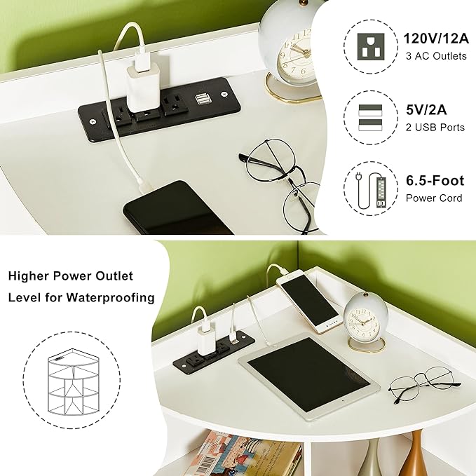 Vecelo Corner Cabinet with Charging Station, 3-Tier Bookcase Cube Storage Organizer with USB Outlets, Triangle Corner Bookcases with 8 Cubbies for Playroom, Bedroom, Living Room, Pearl White - LeafyLoom