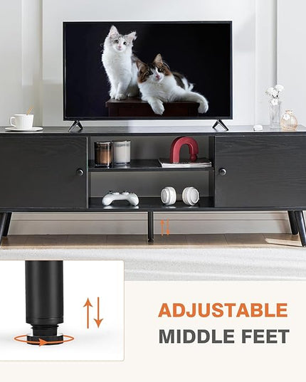 Sweetcrispy TV Stand for 55 60 inch Television, Entertainment Center with Storage, 2 Cabinet Media Console Table, Soft Hinge Door with Handle, Wood Feet, Living Room, Bedroom Furniture, Black - LeafyLoom