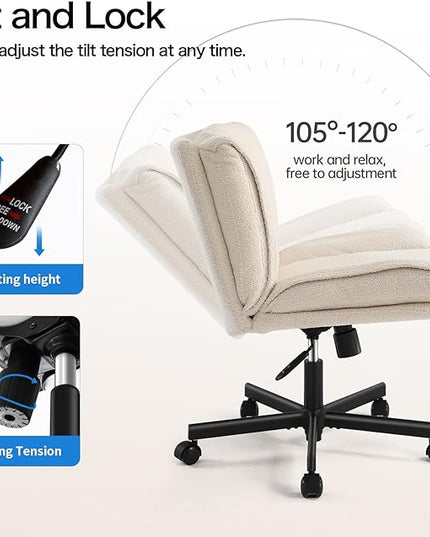 LEAGOO Armless Desk Chair, Office Chair with Wheels, Desk Chair with Furry, Modern Swivel Height Adjustable Office Chair with Wide Seat for Home, Office, Make Up, Bed Room - Cream White - LeafyLoom