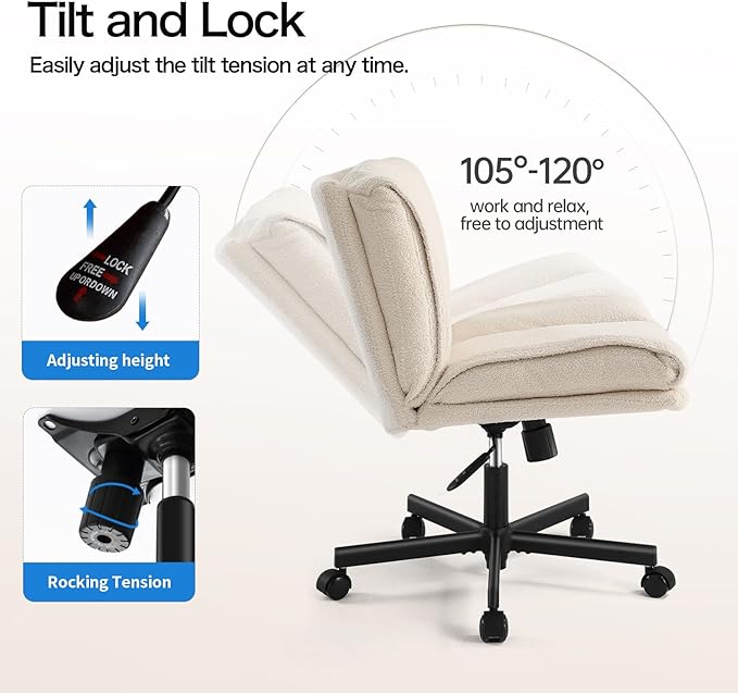 LEAGOO Armless Desk Chair, Office Chair with Wheels, Desk Chair with Furry, Modern Swivel Height Adjustable Office Chair with Wide Seat for Home, Office, Make Up, Bed Room - Cream White - LeafyLoom
