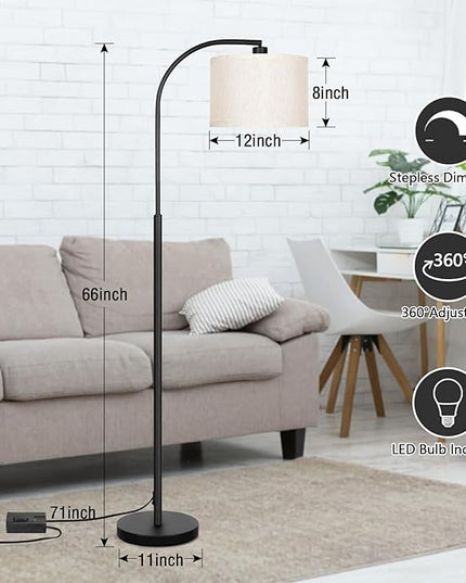 Boncoo Modern Floor Lamp for Living Room, Arc Floor Lamp with Adjustable Hanging Shade, Black Arched Light with Dimmable Pedal Switch for Bedroom Study Room Office, 9W 3000K LED Bulb Included - LeafyLoom