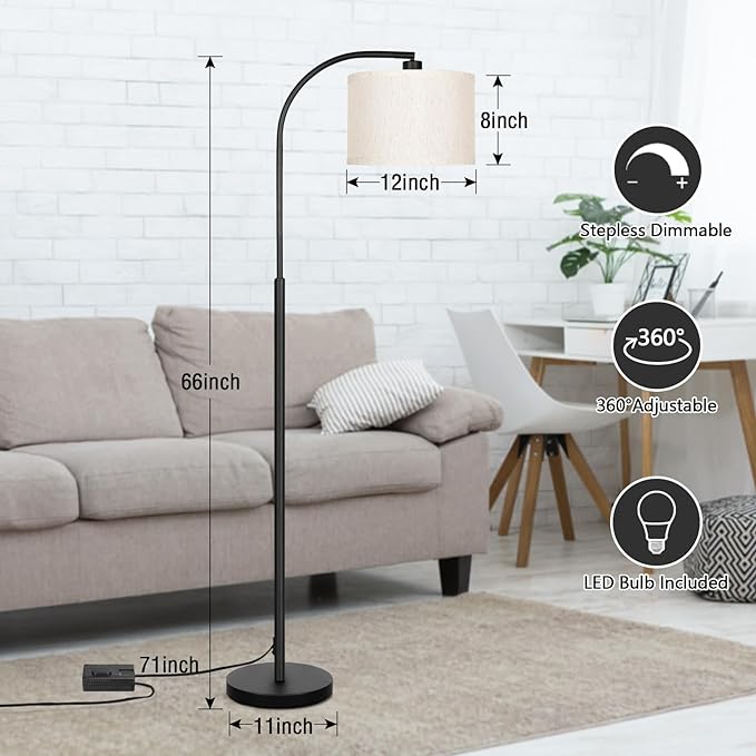 Boncoo Modern Floor Lamp for Living Room, Arc Floor Lamp with Adjustable Hanging Shade, Black Arched Light with Dimmable Pedal Switch for Bedroom Study Room Office, 9W 3000K LED Bulb Included - LeafyLoom