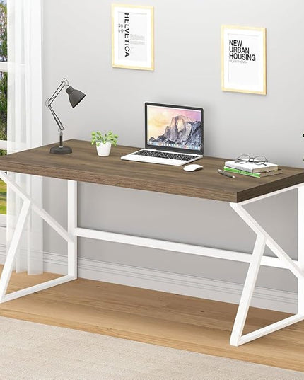 HSH Farmhouse Desk, Modern Home Office Desk, Student Desk for Bedroom Computer Table, Rustic Wood and Metal PC Laptop Computer Desk, Simple Writing Study Gaming Desk Executive Workstation, 55 Inch - LeafyLoom