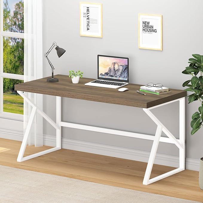 HSH Farmhouse Desk, Modern Home Office Desk, Student Desk for Bedroom Computer Table, Rustic Wood and Metal PC Laptop Computer Desk, Simple Writing Study Gaming Desk Executive Workstation, 55 Inch - LeafyLoom
