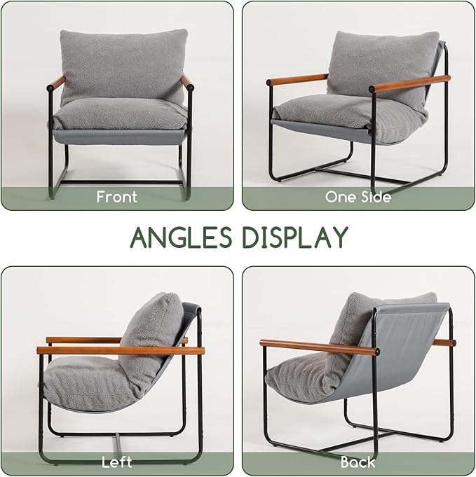 HIGOGOGO Modern Accent Chair, Living Room Chair with Wood Armrests, Shredded Foam Cushion, and Sturdy Metal Frame Reading Chair, Dark Grey - LeafyLoom