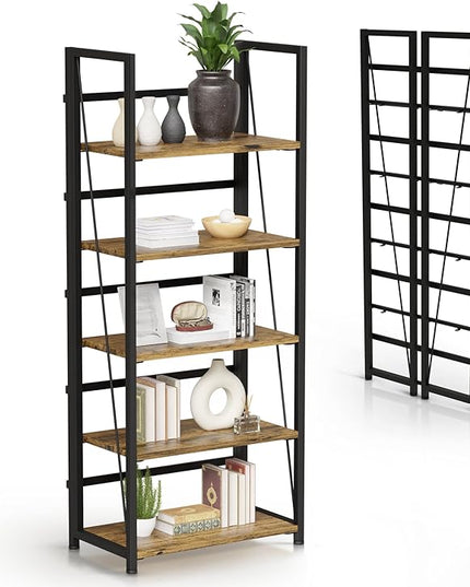 5 Tier Wood Book Shelf Organizer, No Assembly Bookshelf for Bedroom Living Room Office, Rustic Foldable Book Case, Tall Bookshelves, Open Book Shelves, Decorative Folding Shelf Display, Tall Bookcase - LeafyLoom