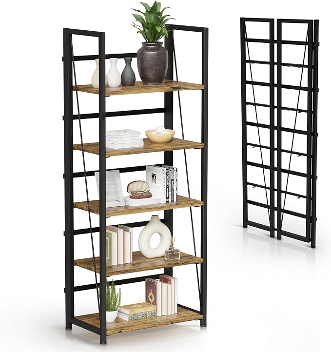 5 Tier Wood Book Shelf Organizer, No Assembly Bookshelf for Bedroom Living Room Office, Rustic Foldable Book Case, Tall Bookshelves, Open Book Shelves, Decorative Folding Shelf Display, Tall Bookcase - LeafyLoom