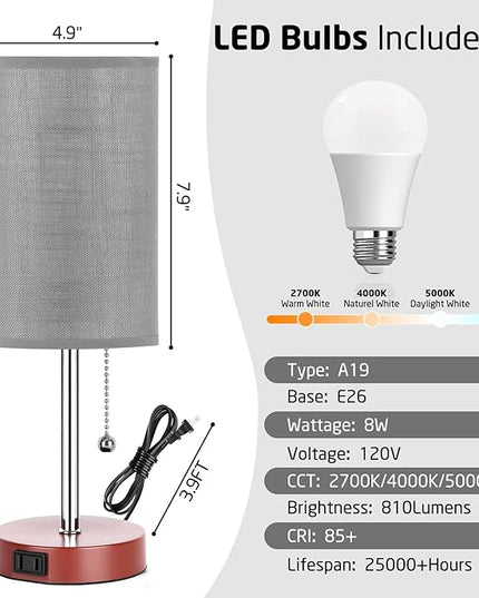 Bedside Lamp Set of 2 Table Lamps for Bedroom, 2700K/4000K/5000K Nightstand Lamp with Pull Chain and AC Outlet, Brown Table Lamp for Living Room Reading Kids Room(6W LED Bulbs Included). - LeafyLoom