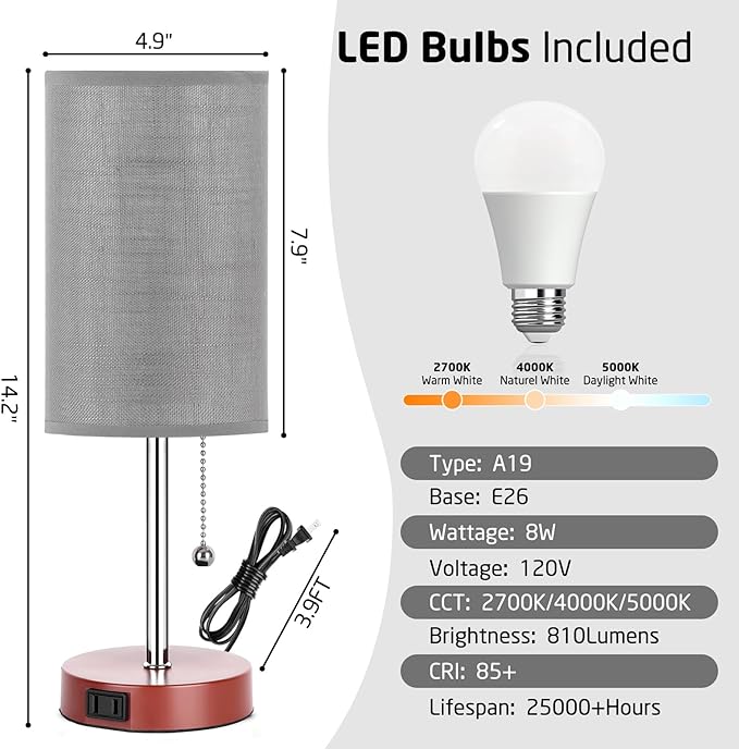 Bedside Lamp Set of 2 Table Lamps for Bedroom, 2700K/4000K/5000K Nightstand Lamp with Pull Chain and AC Outlet, Brown Table Lamp for Living Room Reading Kids Room(6W LED Bulbs Included). - LeafyLoom
