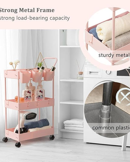 danpinera Slim Storage Cart, 3 Tier Narrow Rolling Cart on Wheels Bathroom Organizer Cart with Dividers Handle Hanging Cups Hooks for Laundry Room Kitchen Small Spaces, Pink - LeafyLoom