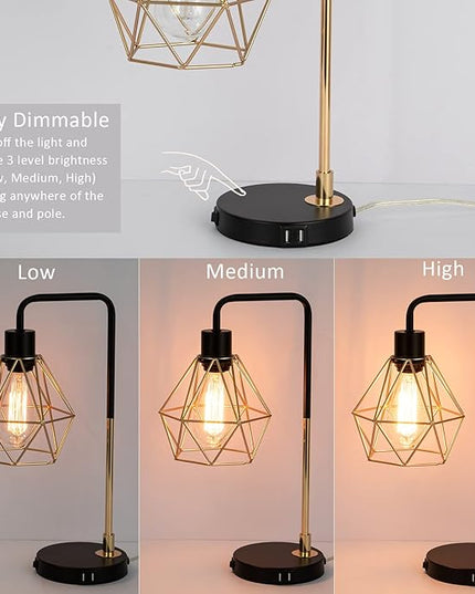 COTULIN Set of 2 Touch Control Black Gold Table Lamp,Modern Industrial Desk Lamp with 2 USB Charging Ports,3-Way Dimmable Bedside Nightstand Cage Reading Lamp for Bedroom Living Room Office Study - LeafyLoom