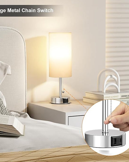 White Table Lamp for Bedroom Nightstand - Small Lamp with USB A + C Charging Port, 3 Color Temperatures Pull Chain Night Stand Light, Silver Base Desk Reading Lamp for Living Room - LeafyLoom