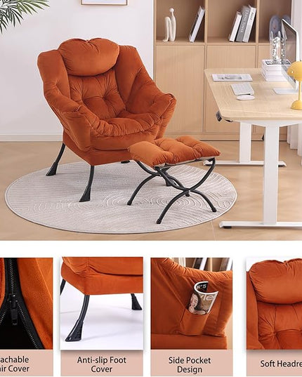 LITA Lazy Chair with Ottoman, Modern Lounge Accent Chair with Armrests and a Side Pocket, Leisure Upholstered Sofa Chair Set, Reading Chair with Footrest for Small Space, Corner Chair,Orange - LeafyLoom