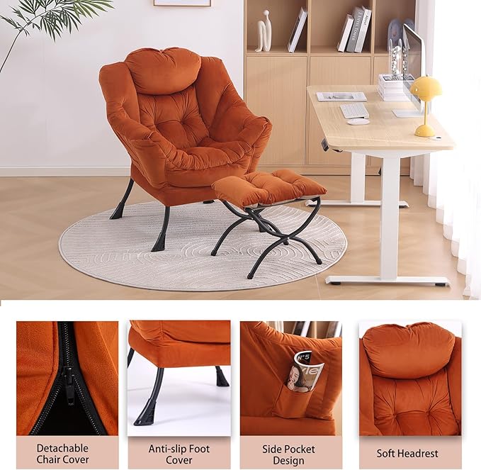 LITA Lazy Chair with Ottoman, Modern Lounge Accent Chair with Armrests and a Side Pocket, Leisure Upholstered Sofa Chair Set, Reading Chair with Footrest for Small Space, Corner Chair,Orange - LeafyLoom