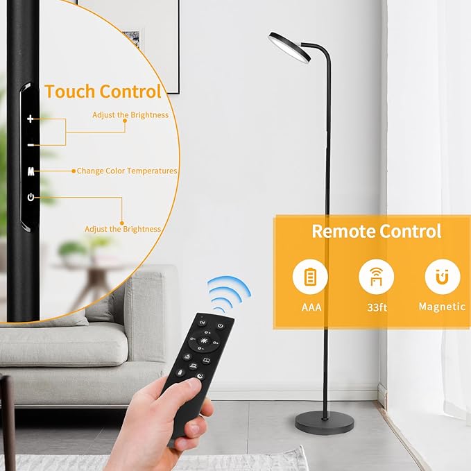 LED Floor Lamp, Upgraded Super Bright Standing Lamp with Remote Touch Control,Stepless Adjust Color Temperatures & Brightness Torchiere Tall Lamp,Rotatable Reading Floor Lamps for Living Room, Bedroom - LeafyLoom