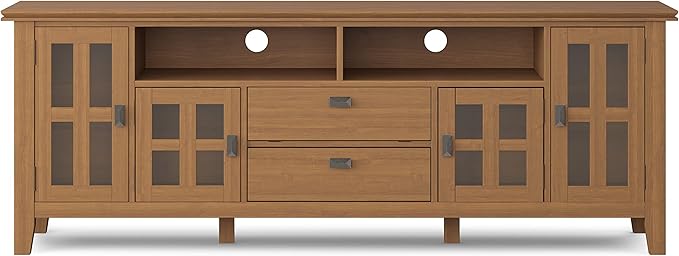 SIMPLIHOME Artisan SOLID WOOD Universal TV Media Stand, 72 inch Wide, Transitional, Living Room Entertainment Center, Storage Cabinet, for Flat Screen TVs up to 80 inches in Honey Brown - LeafyLoom