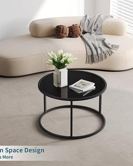 SAYGOER Black Glass Coffee Table Small Round Coffee Tables 27.6In Modern Tempered Glass-Top Accent Center Table for Living Room Home Office Small Space Easy Assembly - LeafyLoom