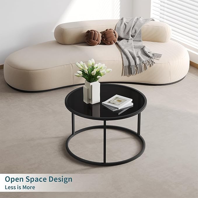 SAYGOER Black Glass Coffee Table Small Round Coffee Tables 27.6In Modern Tempered Glass-Top Accent Center Table for Living Room Home Office Small Space Easy Assembly - LeafyLoom