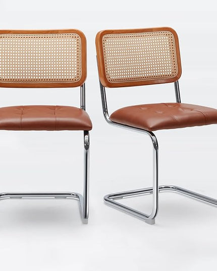 Farini Kitchen Dining Chairs Set of 2,Mid-Century Modern Chair Armless Mesh Backrest Cane Rattan Chairs for Home Dining Room(Brown,PU Leather) - LeafyLoom