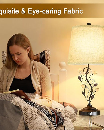 24.5in Farmhouse Table Lamps for Living Room Set of 2, Rustic Lamps for Bedroom with 2 USB Charging Ports, Traditional Bedside Lamps for Nightstand Retro Vine Leaf Lamps for End Table Reading - LeafyLoom