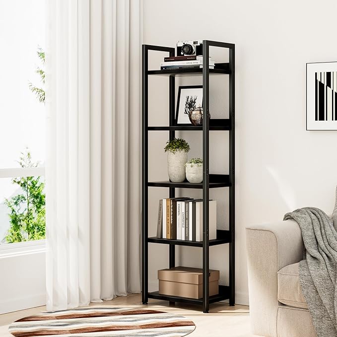 NUMENN Narrow Bookshelf, 5 Tier Bookshelves, Home Office Bookcase Shelf Storage Organizer, Free Standing Storage Shelving Unit for Bedroom, Living Room and Home Office, Black - LeafyLoom