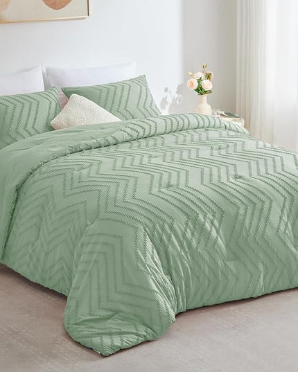 CozyLux Full Size Comforter Set Sage Green - 3 Pieces Boho Tufted Shabby Chic Bedding Comforter Set for All Seasons, Chevron Bedding Sets with Comforter & 2 Pillow Shams - LeafyLoom