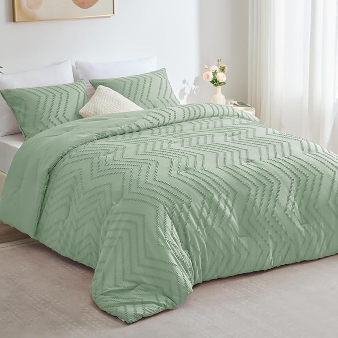 CozyLux Full Size Comforter Set Sage Green - 3 Pieces Boho Tufted Shabby Chic Bedding Comforter Set for All Seasons, Chevron Bedding Sets with Comforter & 2 Pillow Shams - LeafyLoom
