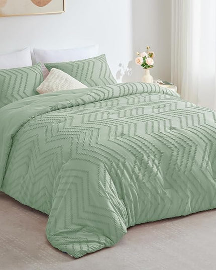 CozyLux King Size Comforter Set Sage Green - 3 Pieces Boho Tufted Shabby Chic Bedding Comforter Set for All Seasons, Chevron Bedding Sets with Comforter & 2 Pillow Shams - LeafyLoom