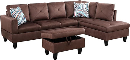 3-Piece L-Shaped Sectional Couches with 66.5'' Chaise Lounge & Storage Ottoman, 97'' Modular Living Room Sofas for Home Office Apartment, Large Living Furniture Right(Brown Microfiber) - LeafyLoom