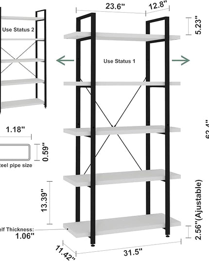 Panana 5 Tier Industrial Rustic Wooden Bookshelves, Vintage Open Wood and Metal Farmhouse Bookshelf Heavy Duty Storage Shelving Unit Rack (White) - LeafyLoom