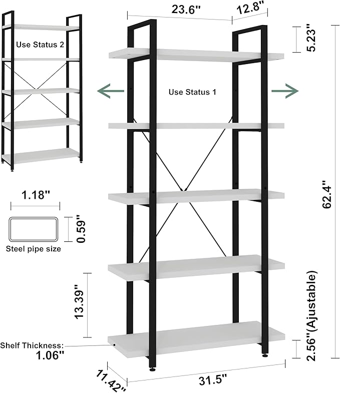 Panana 5 Tier Industrial Rustic Wooden Bookshelves, Vintage Open Wood and Metal Farmhouse Bookshelf Heavy Duty Storage Shelving Unit Rack (White) - LeafyLoom