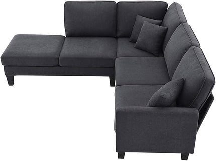 90" Modern L-Shape Sectional Sofa with Chaise Lounge,5-Seat Practical Couch Set W/ 3 Pillows,7''Leg Height,Minimalist Style,Indoor Furniture for Living Room Apartment Office,Grey Terrycloth - LeafyLoom