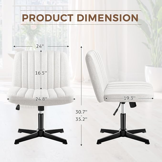 Criss Cross Legged Chair, Armless Swivel Wide Padded Height Adjustable Fabric Home Office, Beige - LeafyLoom