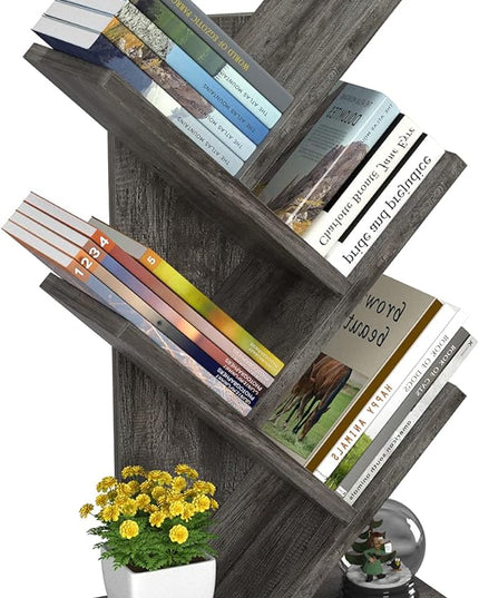 Topfurny Tree Bookshelf, 4-Tier Book Storage Organizer Shelves Floor Standing Bookcase, Wood Storage Rack for Office Home School Shelf Display for Cd/Magazine/Book -Black Oak - LeafyLoom