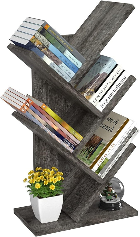 Topfurny Tree Bookshelf, 4-Tier Book Storage Organizer Shelves Floor Standing Bookcase, Wood Storage Rack for Office Home School Shelf Display for Cd/Magazine/Book -Black Oak - LeafyLoom