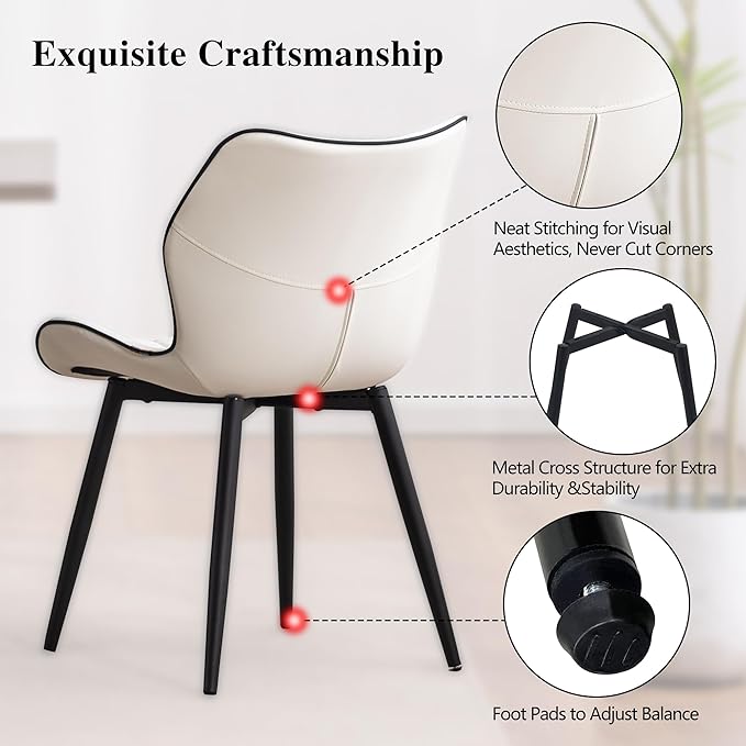 YOUNIKE Dining Chairs Set of 2, Upholstered Faux Leather Dining Room Chairs, Modern Living Room Bedroom Side Chairs with Wide Curved Back and Adjustable Metal Legs, Kitchen Chairs White - LeafyLoom