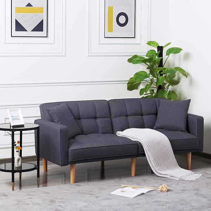 Modern Folding Sofa Bed Living Room Furniture Sets Futon Couch Convertible Tufted Loveseat with Adjustable Backrest for Lounge, 2-seats Sturdy Wood Legs Fabric Home Recliner - Dark Grey Sofá - LeafyLoom