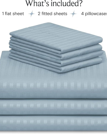 LuxClub 7 PC Split King Size Sheet Set Bed Sheets, Breathable Luxury Bed Sheets, Deep Pockets 18" Wrinkle Free Cooling Bed Sheets Machine Washable Hotel Bedding (Split King, Striped Light Blue) - LeafyLoom