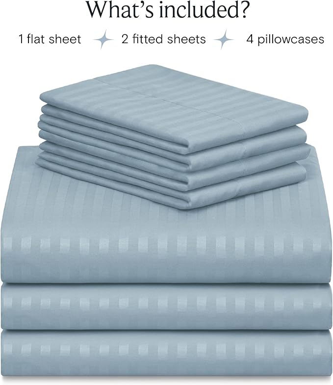 LuxClub 7 PC Split King Size Sheet Set Bed Sheets, Breathable Luxury Bed Sheets, Deep Pockets 18" Wrinkle Free Cooling Bed Sheets Machine Washable Hotel Bedding (Split King, Striped Light Blue) - LeafyLoom
