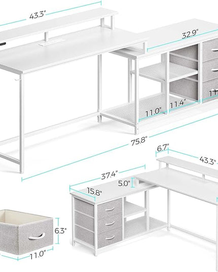 Seventable L Shaped Computer Desk with Drawers, Reversible Gaming Desk with LED Lights & Charging Port, Corner Desk with Storage Shelves & Monitor Stand for Home Office White - LeafyLoom