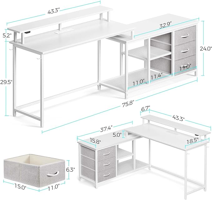 Seventable L Shaped Computer Desk with Drawers, Reversible Gaming Desk with LED Lights & Charging Port, Corner Desk with Storage Shelves & Monitor Stand for Home Office White - LeafyLoom