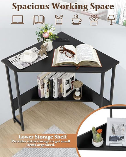 Corner Desk with Charging Station & USB Port, 90-degree Triangle Computer Workstation w/Storage Shelf, Metal Frame, Space-saving Laptop PC Desk for Small Space, Home Office (Black) - LeafyLoom