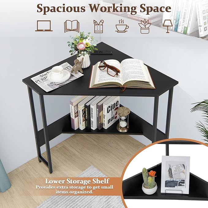 Corner Desk with Charging Station & USB Port, 90-degree Triangle Computer Workstation w/Storage Shelf, Metal Frame, Space-saving Laptop PC Desk for Small Space, Home Office (Black) - LeafyLoom