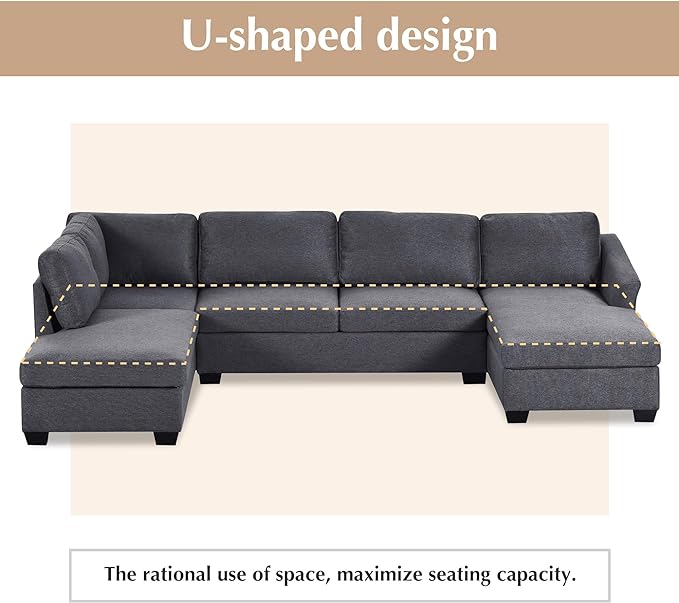 116.9" Modern Large U-Shape Sectional Sofa with Double Extra Wide Chaise Lounge, 4 Seat Oversized Upholstered Couch for Apartment, Home, Office, Living Room Furniture, Gray, 116.9 Inch - LeafyLoom