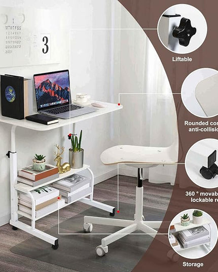 Adjustable White Home Office Desk with Storage and Detachable Wheels - 15.7 x 31.5 Inch - LeafyLoom