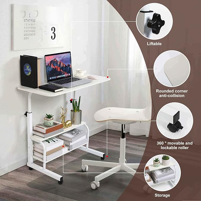 Adjustable White Home Office Desk with Storage and Detachable Wheels - 15.7 x 31.5 Inch - LeafyLoom