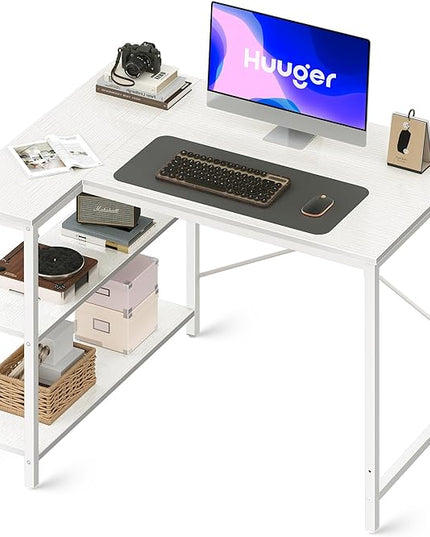 L Shaped Desk, 39 Inches Computer Desk with Reversible Storage Shelves, Gaming Desk, Corner Desk Home Office Desks, Writing Desk Study Desk with Metal Frame, White - LeafyLoom