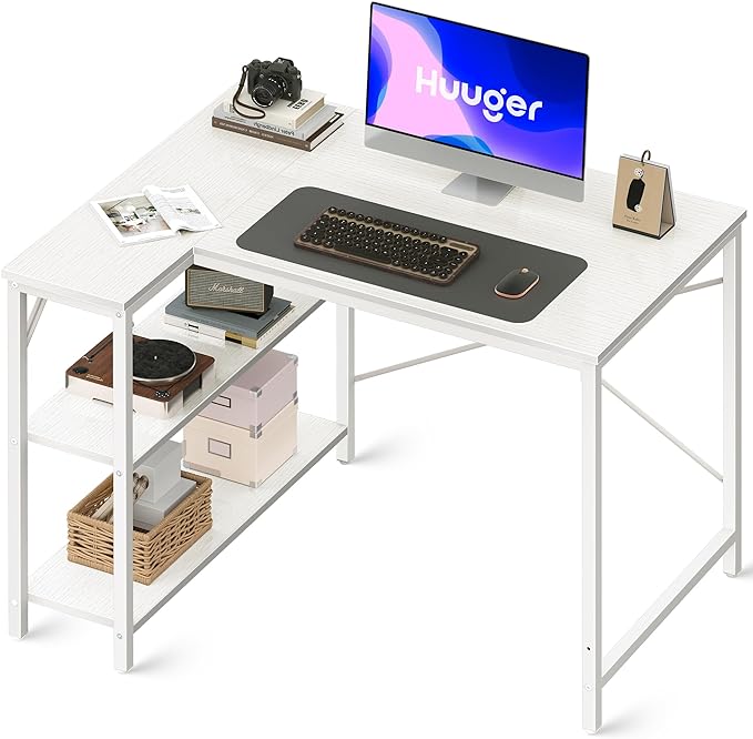 L Shaped Desk, 39 Inches Computer Desk with Reversible Storage Shelves, Gaming Desk, Corner Desk Home Office Desks, Writing Desk Study Desk with Metal Frame, White - LeafyLoom