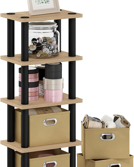 FURINNO LAci 4-Bins System Rack, Oak/Black/Light Brown - LeafyLoom